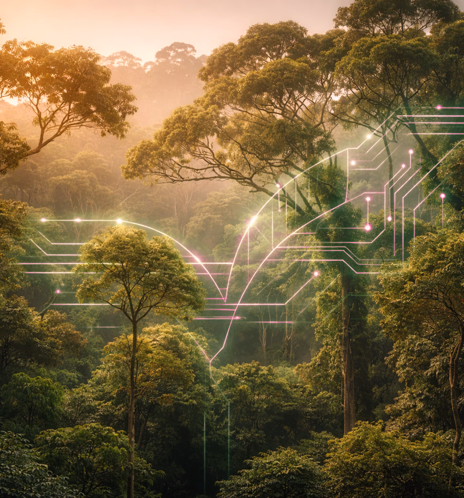 Forest canopy at golden hour overlaid with softly glowing circuit traces, representing responsible, sustainable technology delivery.